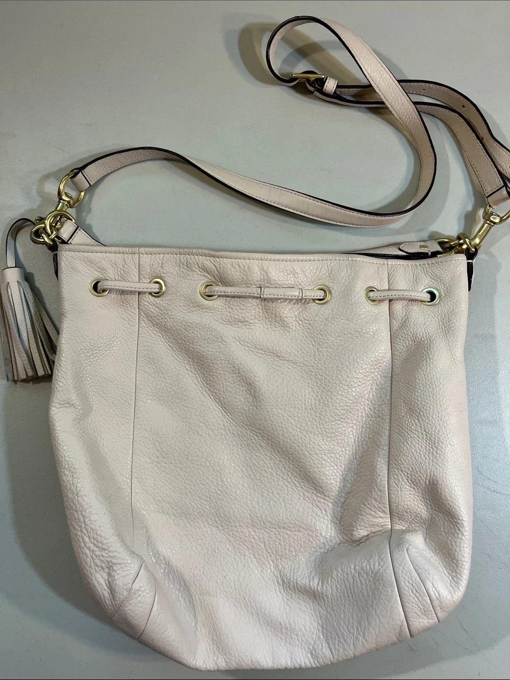 Coach Cream Leather Drawstring Shoulder Bag with Tassel